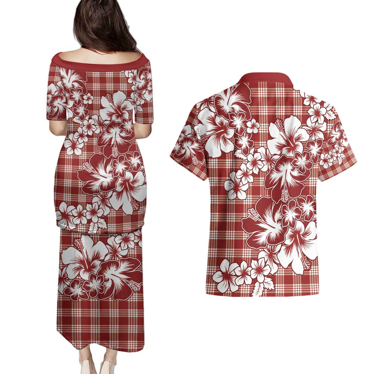 Hibiscus Pakala Fantasy Red Couples Matching Puletasi and Hawaiian Shirt Tropical Floral Stylized - Polynesian Pride