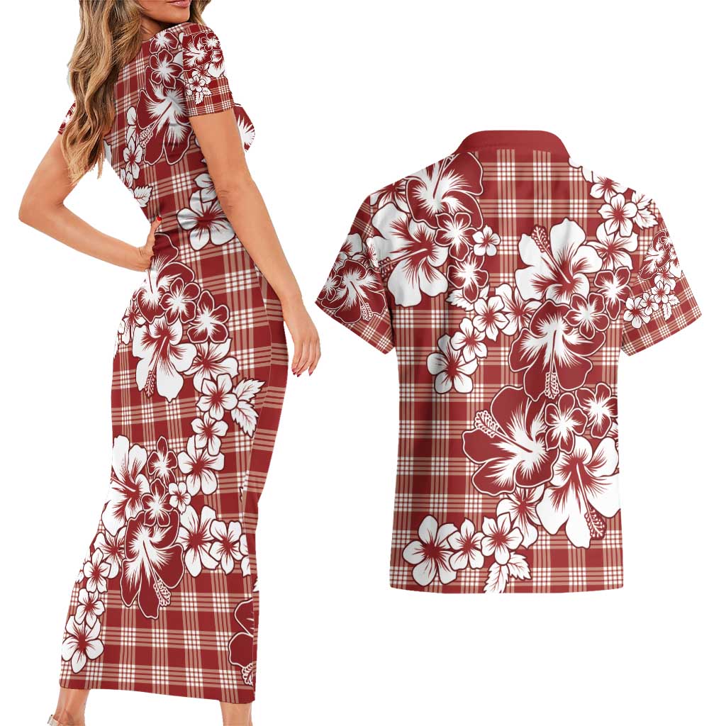 Hibiscus Pakala Fantasy Red Couples Matching Short Sleeve Bodycon Dress and Hawaiian Shirt Tropical Floral Stylized - Polynesian Pride