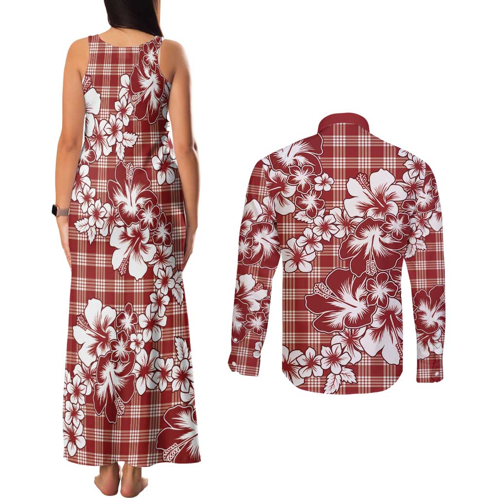Hibiscus Pakala Fantasy Red Couples Matching Tank Maxi Dress and Long Sleeve Button Shirt Tropical Floral Stylized - Polynesian Pride