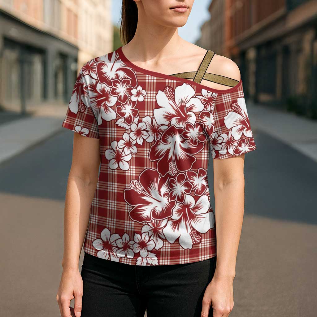 Hibiscus Pakala Fantasy Red Cross Shoulder Shirt Tropical Floral Stylized - Polynesian Pride