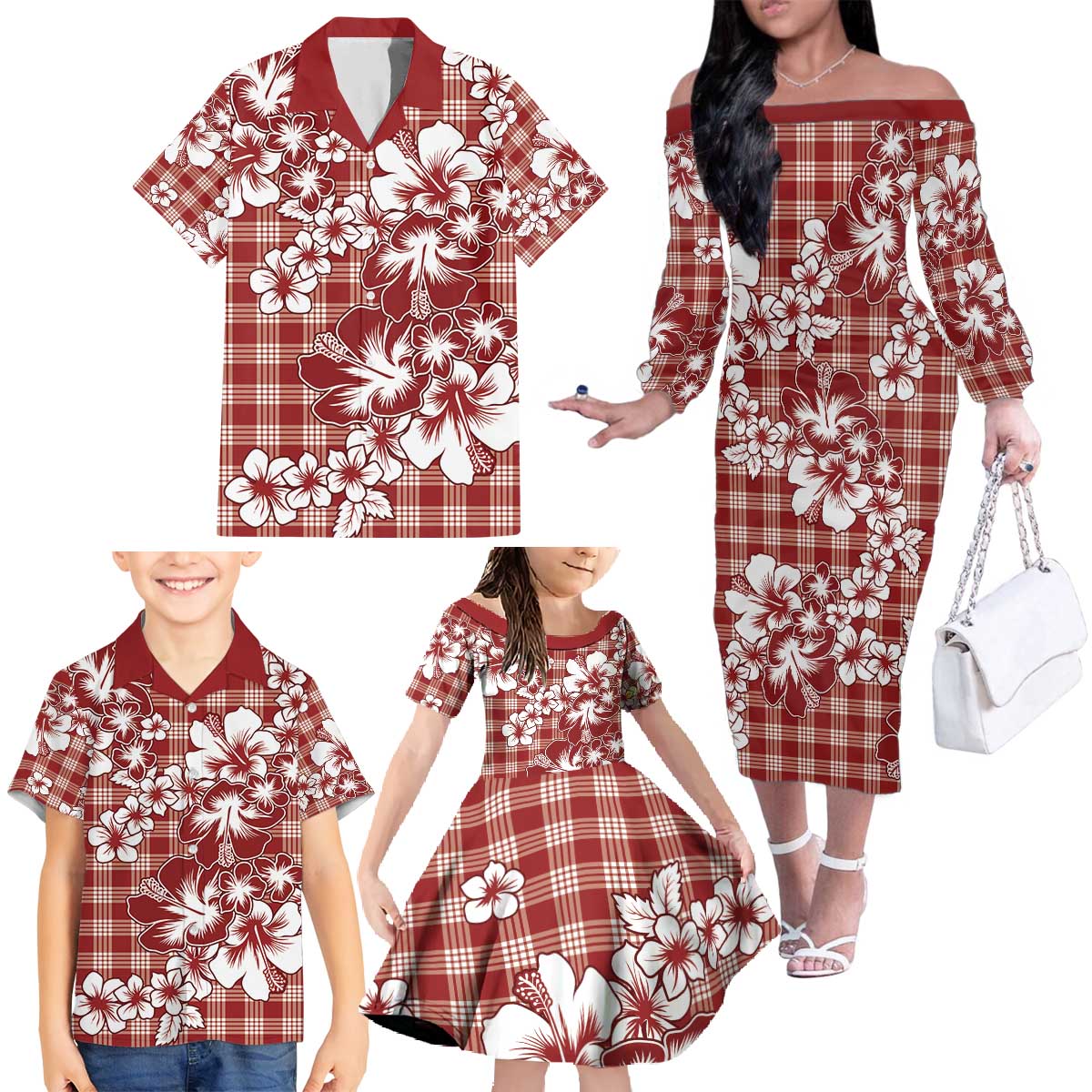 Hibiscus Pakala Fantasy Red Family Matching Off The Shoulder Long Sleeve Dress and Hawaiian Shirt Tropical Floral Stylized LT01 - Polynesian Pride