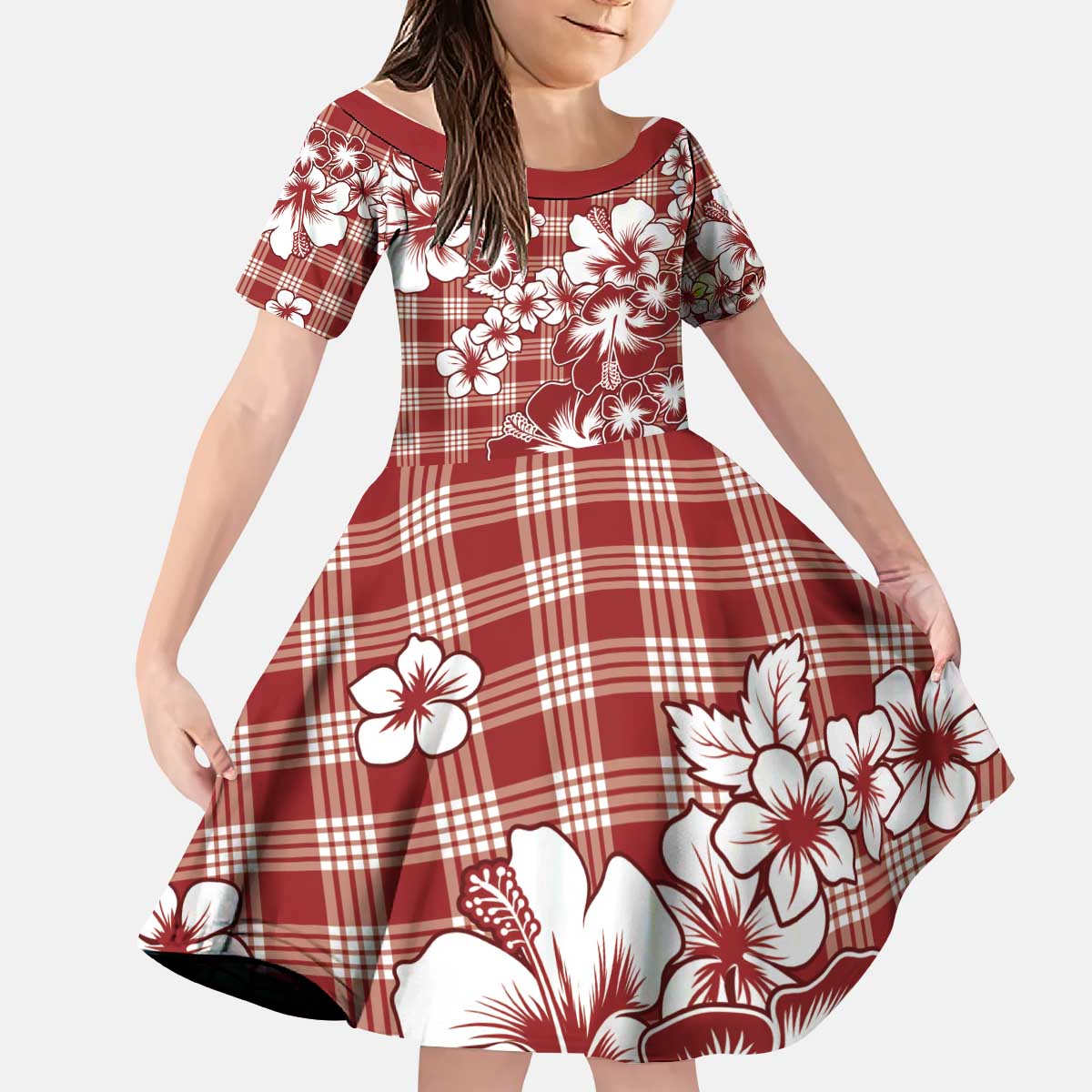 Hibiscus Pakala Fantasy Red Kid Short Sleeve Dress Tropical Floral Stylized - Polynesian Pride