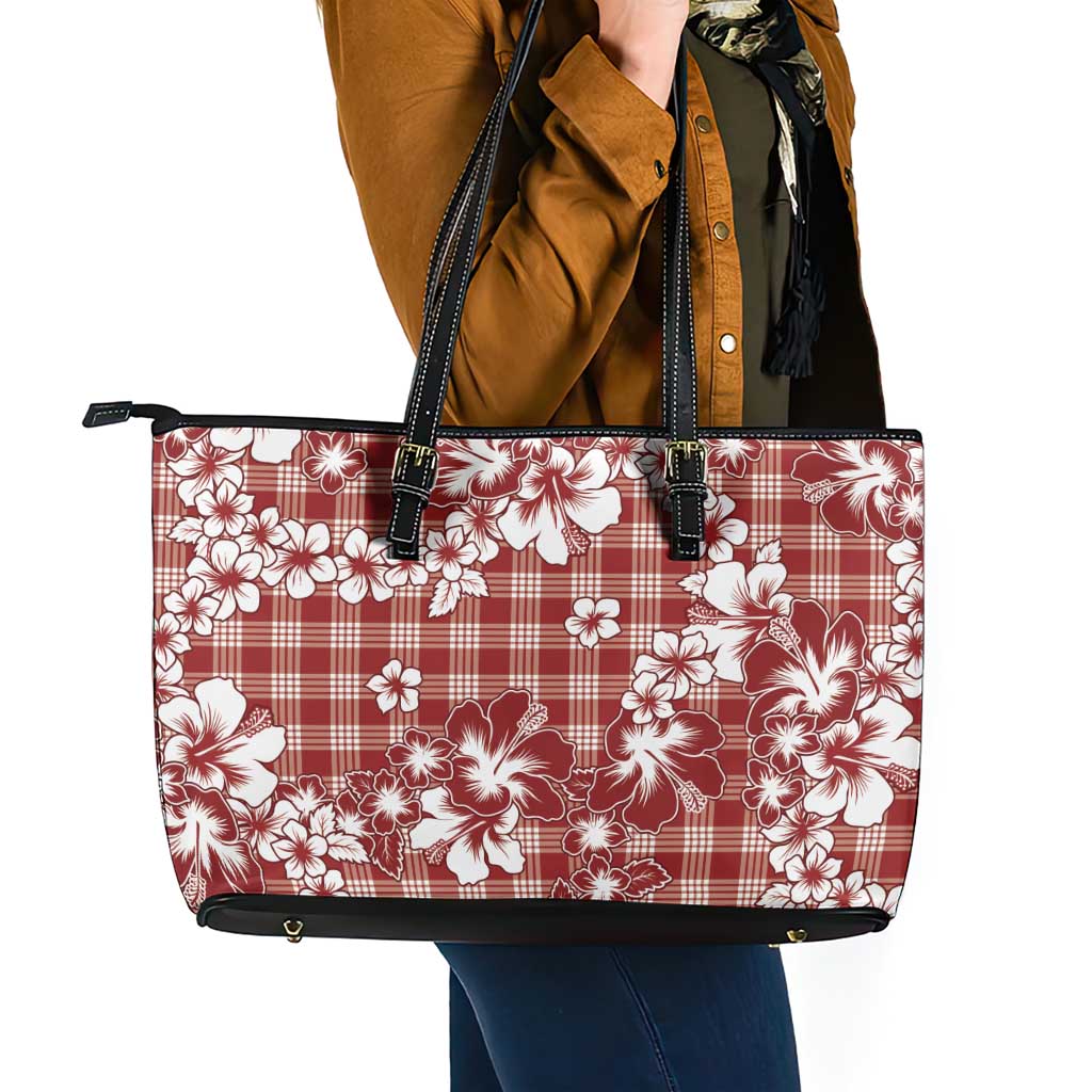Hibiscus Pakala Fantasy Red Leather Tote Bag Tropical Floral Stylized - Polynesian Pride