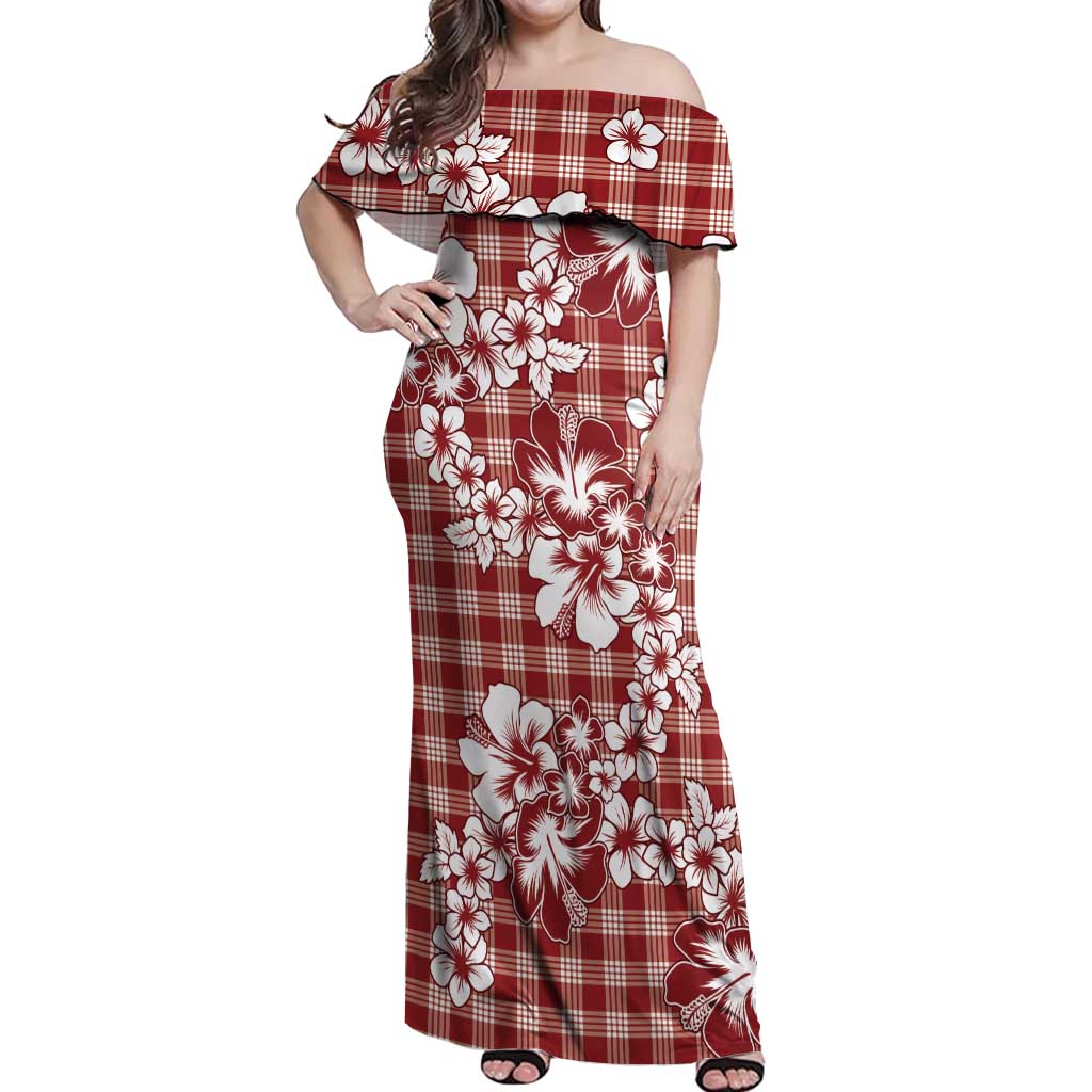 Hibiscus Pakala Fantasy Red Off Shoulder Maxi Dress Tropical Floral Stylized - Polynesian Pride