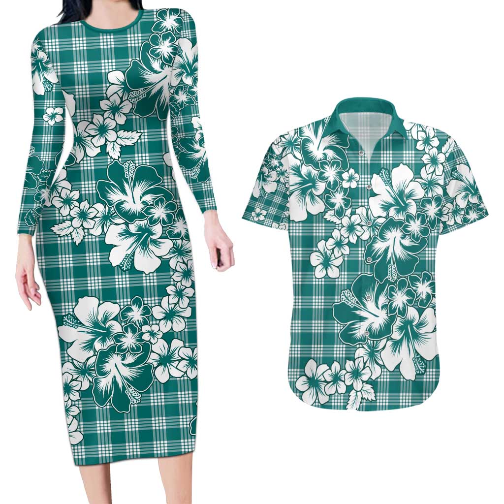 Hibiscus Pakala Aqua Teal Couples Matching Long Sleeve Bodycon Dress and Hawaiian Shirt Tropical Floral Stylized - Polynesian Pride