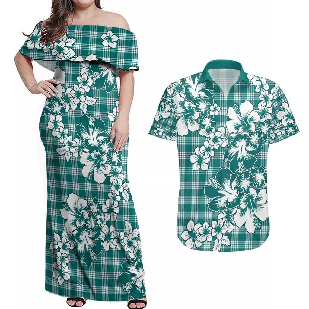 Hibiscus Pakala Aqua Teal Couples Matching Off Shoulder Maxi Dress and Hawaiian Shirt Tropical Floral Stylized - Polynesian Pride