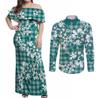 Hibiscus Pakala Aqua Teal Couples Matching Off Shoulder Maxi Dress and Long Sleeve Button Shirt Tropical Floral Stylized - Polynesian Pride