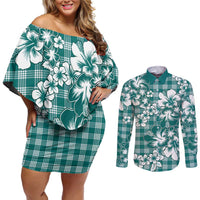 Hibiscus Pakala Aqua Teal Couples Matching Off Shoulder Short Dress and Long Sleeve Button Shirt Tropical Floral Stylized LT01 Teal - Polynesian Pride