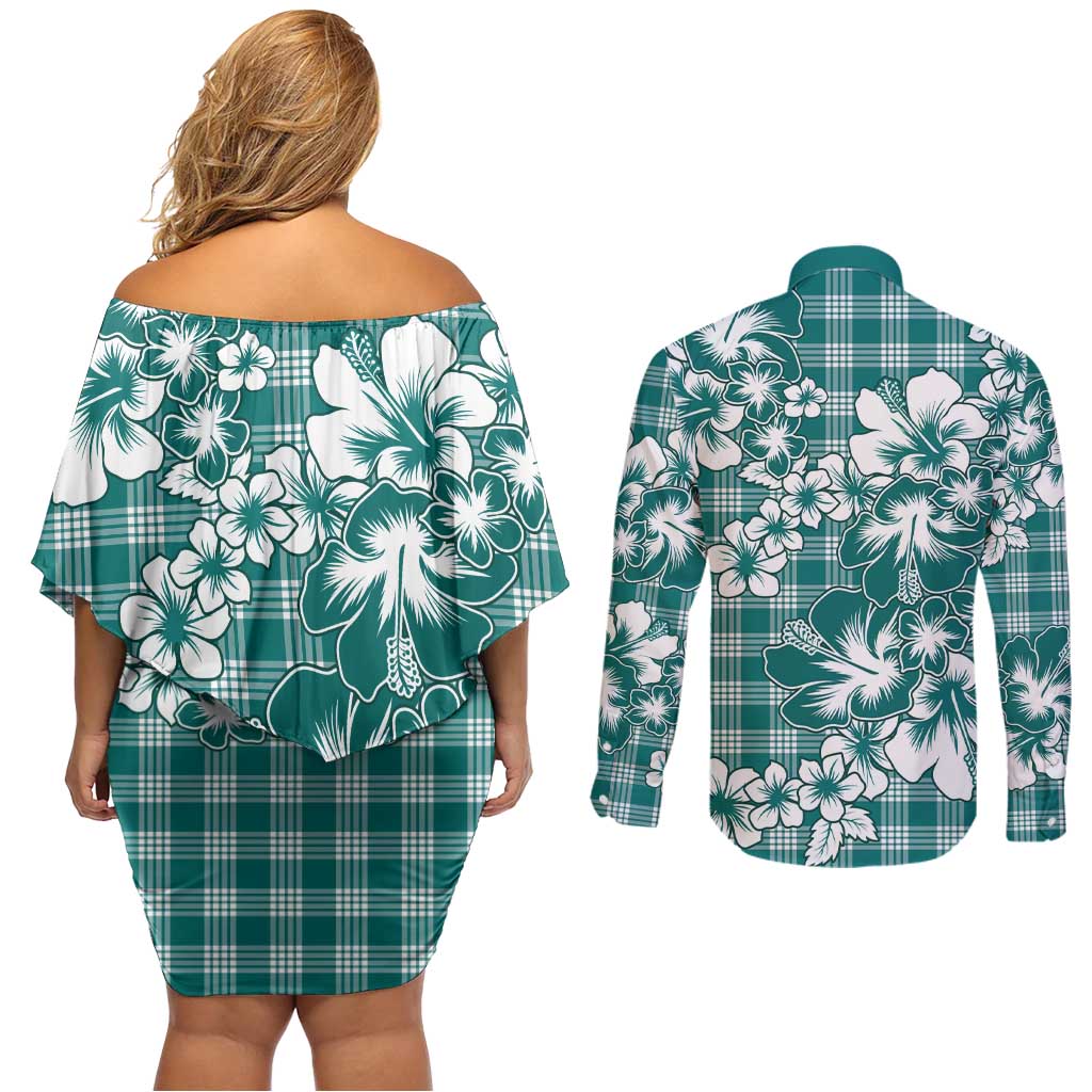 Hibiscus Pakala Aqua Teal Couples Matching Off Shoulder Short Dress and Long Sleeve Button Shirt Tropical Floral Stylized LT01 - Polynesian Pride