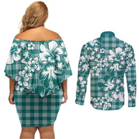 Hibiscus Pakala Aqua Teal Couples Matching Off Shoulder Short Dress and Long Sleeve Button Shirt Tropical Floral Stylized LT01 - Polynesian Pride