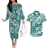 Hibiscus Pakala Aqua Teal Couples Matching Off The Shoulder Long Sleeve Dress and Hawaiian Shirt Tropical Floral Stylized - Polynesian Pride