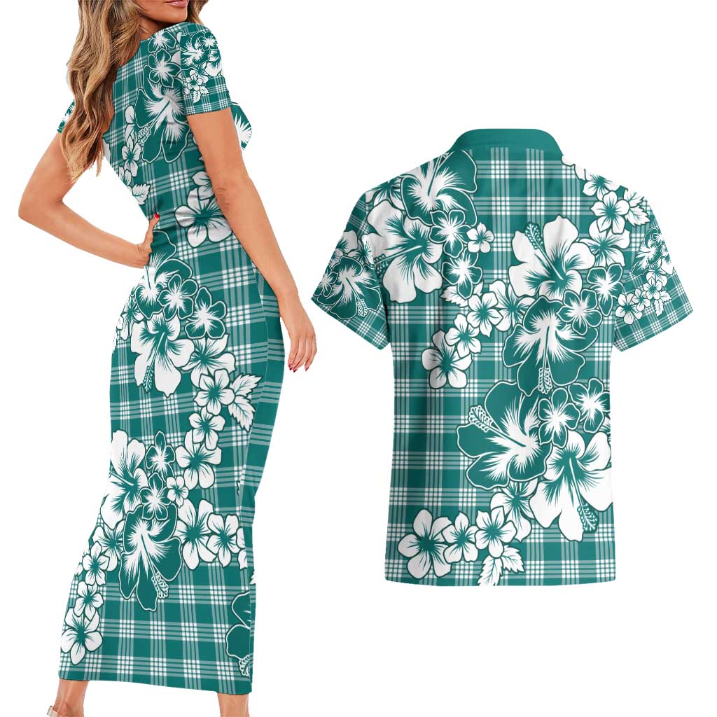 Hibiscus Pakala Aqua Teal Couples Matching Short Sleeve Bodycon Dress and Hawaiian Shirt Tropical Floral Stylized - Polynesian Pride