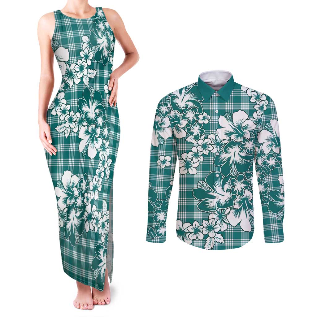 Hibiscus Pakala Aqua Teal Couples Matching Tank Maxi Dress and Long Sleeve Button Shirt Tropical Floral Stylized - Polynesian Pride