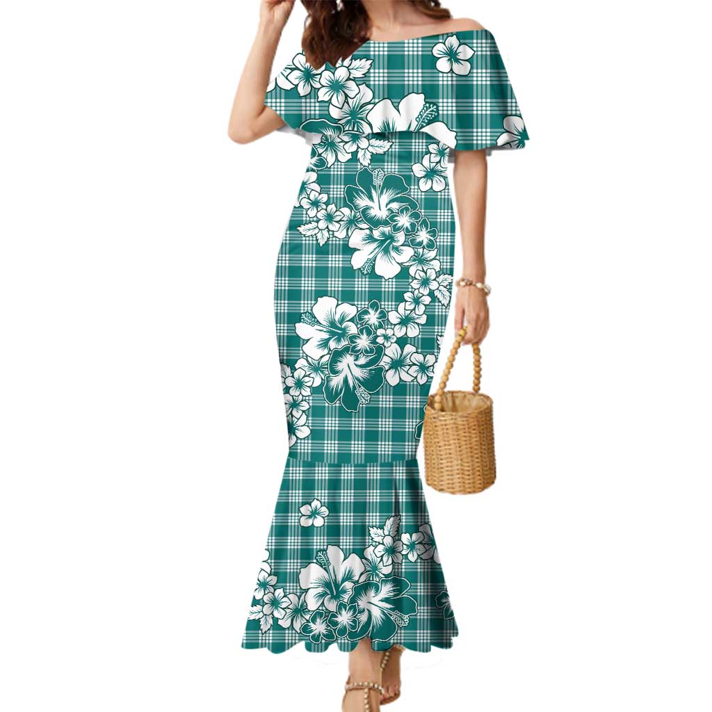 Hibiscus Pakala Aqua Teal Family Matching Mermaid Dress and Hawaiian Shirt Tropical Floral Stylized LT01 Mom's Dress Teal - Polynesian Pride