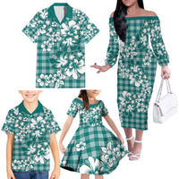 Hibiscus Pakala Aqua Teal Family Matching Off The Shoulder Long Sleeve Dress and Hawaiian Shirt Tropical Floral Stylized LT01 - Polynesian Pride