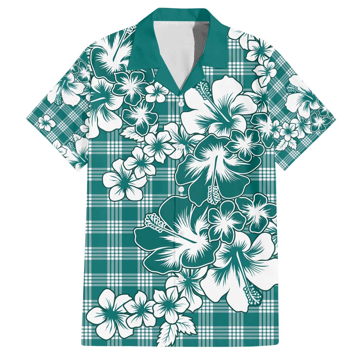 Hibiscus Pakala Aqua Teal Family Matching Off The Shoulder Long Sleeve Dress and Hawaiian Shirt Tropical Floral Stylized LT01 Dad's Shirt - Short Sleeve Teal - Polynesian Pride