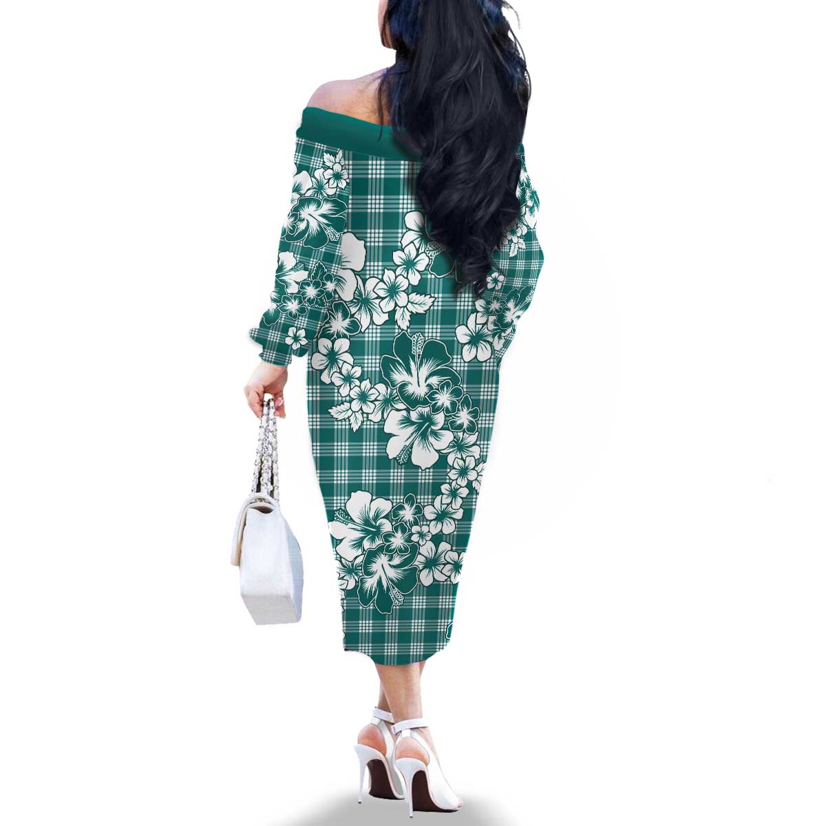 Hibiscus Pakala Aqua Teal Family Matching Off The Shoulder Long Sleeve Dress and Hawaiian Shirt Tropical Floral Stylized LT01 - Polynesian Pride