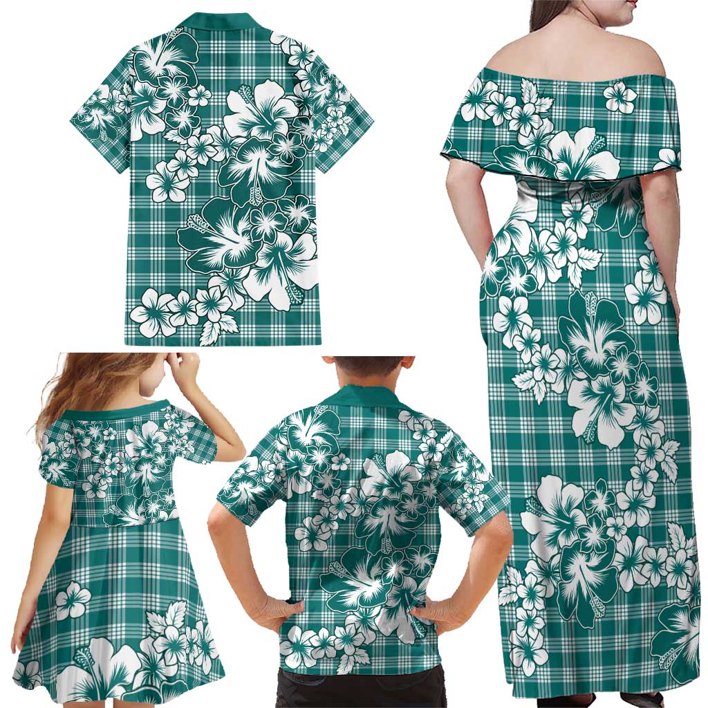 Hibiscus Pakala Aqua Teal Family Matching Off Shoulder Maxi Dress and Hawaiian Shirt Tropical Floral Stylized LT01 - Polynesian Pride