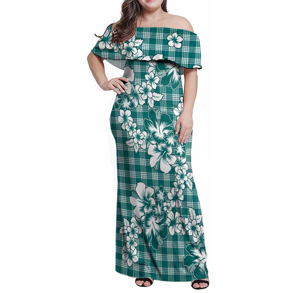 Hibiscus Pakala Aqua Teal Family Matching Off Shoulder Maxi Dress and Hawaiian Shirt Tropical Floral Stylized LT01 Mom's Dress Teal - Polynesian Pride