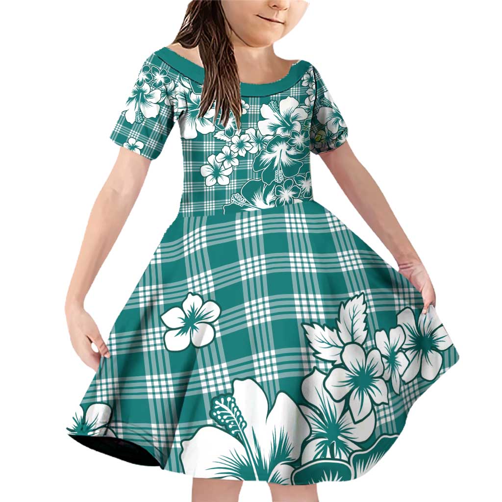 Hibiscus Pakala Aqua Teal Family Matching Off Shoulder Short Dress and Hawaiian Shirt Tropical Floral Stylized LT01 Daughter's Dress Teal - Polynesian Pride