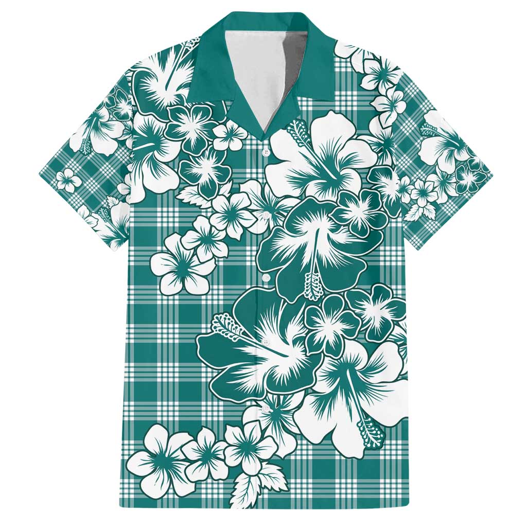 Hibiscus Pakala Aqua Teal Family Matching Off Shoulder Short Dress and Hawaiian Shirt Tropical Floral Stylized LT01 Dad's Shirt - Short Sleeve Teal - Polynesian Pride