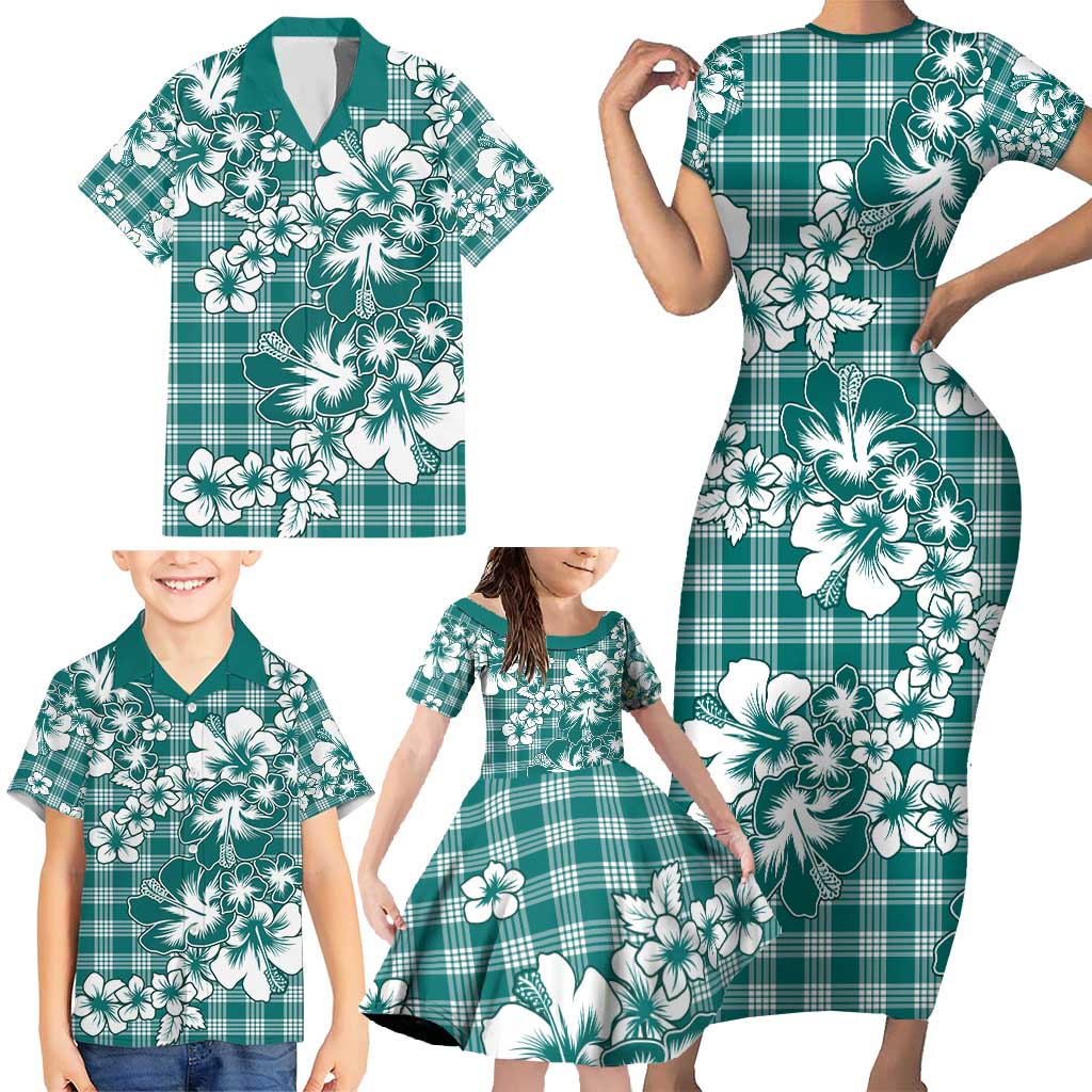 Hibiscus Pakala Aqua Teal Family Matching Short Sleeve Bodycon Dress and Hawaiian Shirt Tropical Floral Stylized LT01 - Polynesian Pride