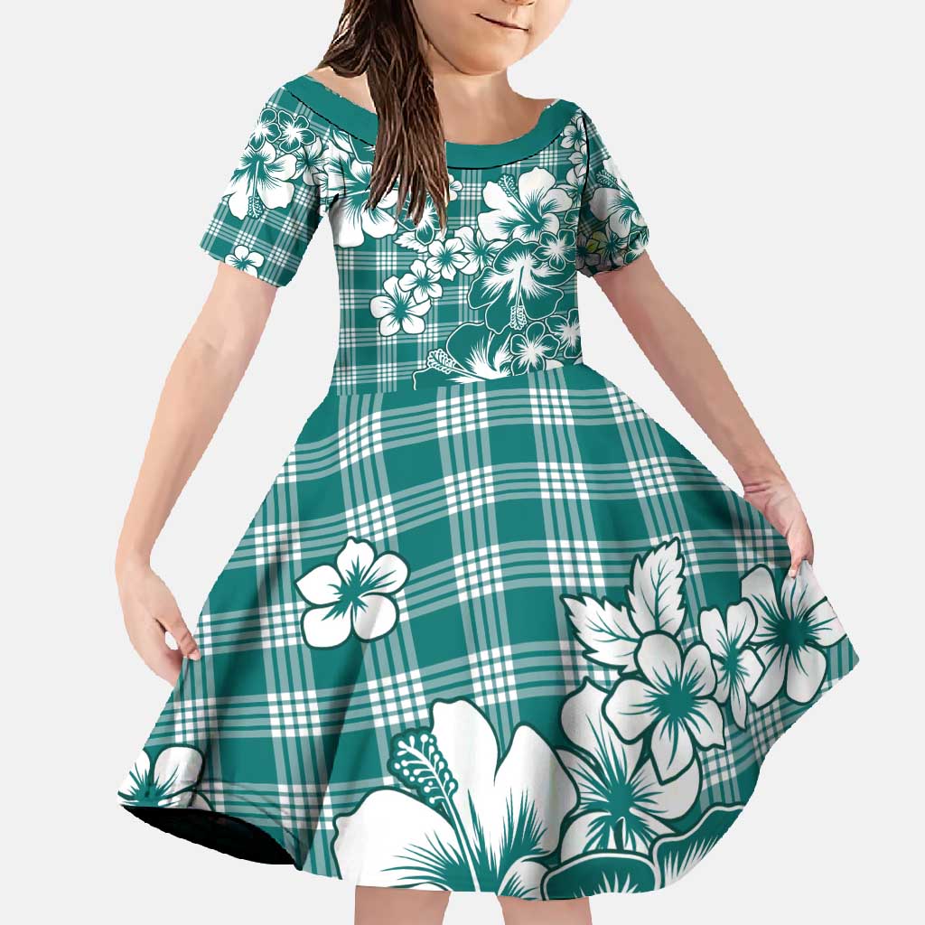 Hibiscus Pakala Aqua Teal Family Matching Summer Maxi Dress and Hawaiian Shirt Tropical Floral Stylized LT01 Daughter's Dress Teal - Polynesian Pride