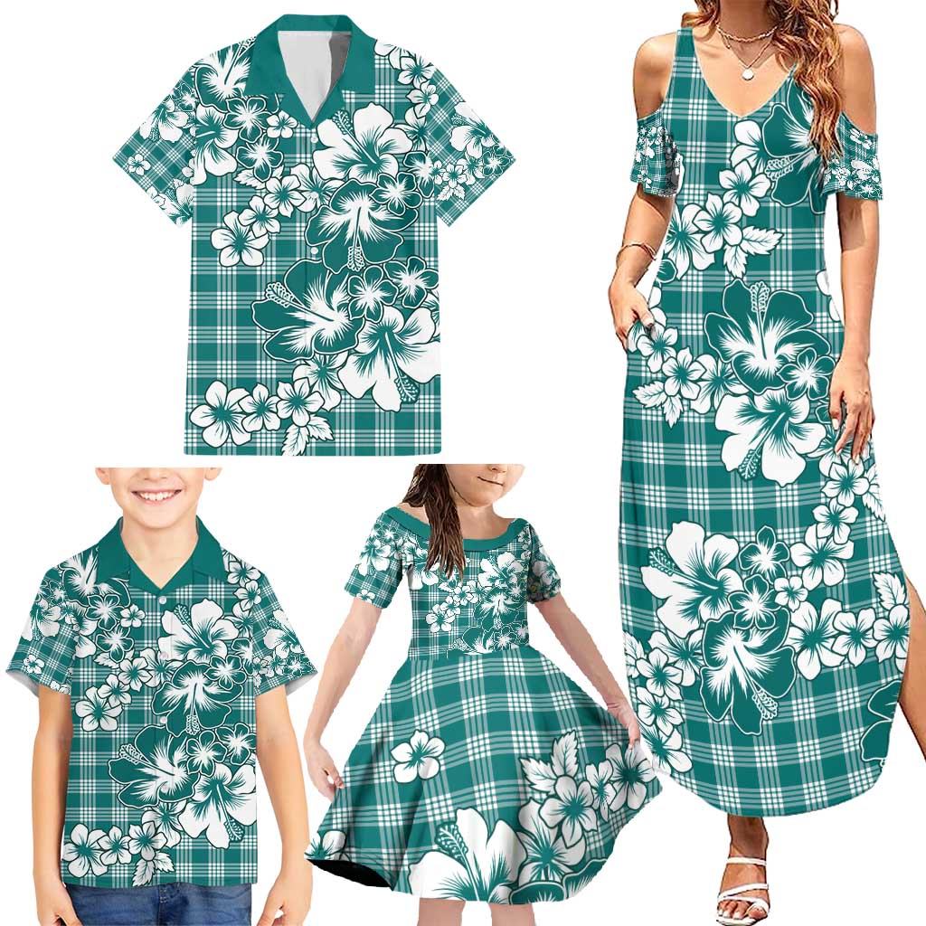Hibiscus Pakala Aqua Teal Family Matching Summer Maxi Dress and Hawaiian Shirt Tropical Floral Stylized LT01 - Polynesian Pride