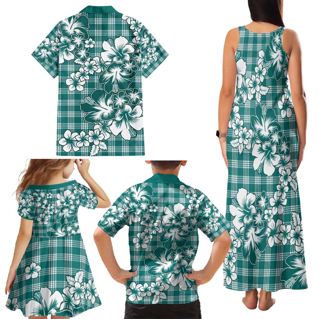 Hibiscus Pakala Aqua Teal Family Matching Tank Maxi Dress and Hawaiian Shirt Tropical Floral Stylized LT01 - Polynesian Pride