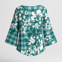 Hibiscus Pakala Aqua Teal Kimono Sleeve Blouse Tropical Floral Stylized - Polynesian Pride