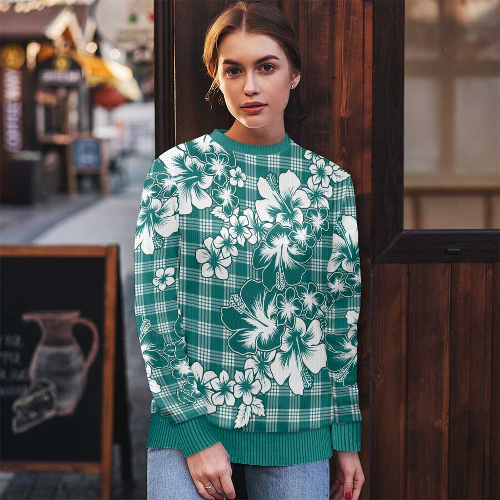 Hibiscus Pakala Aqua Teal Ugly Christmas Sweater Tropical Floral Stylized - Polynesian Pride