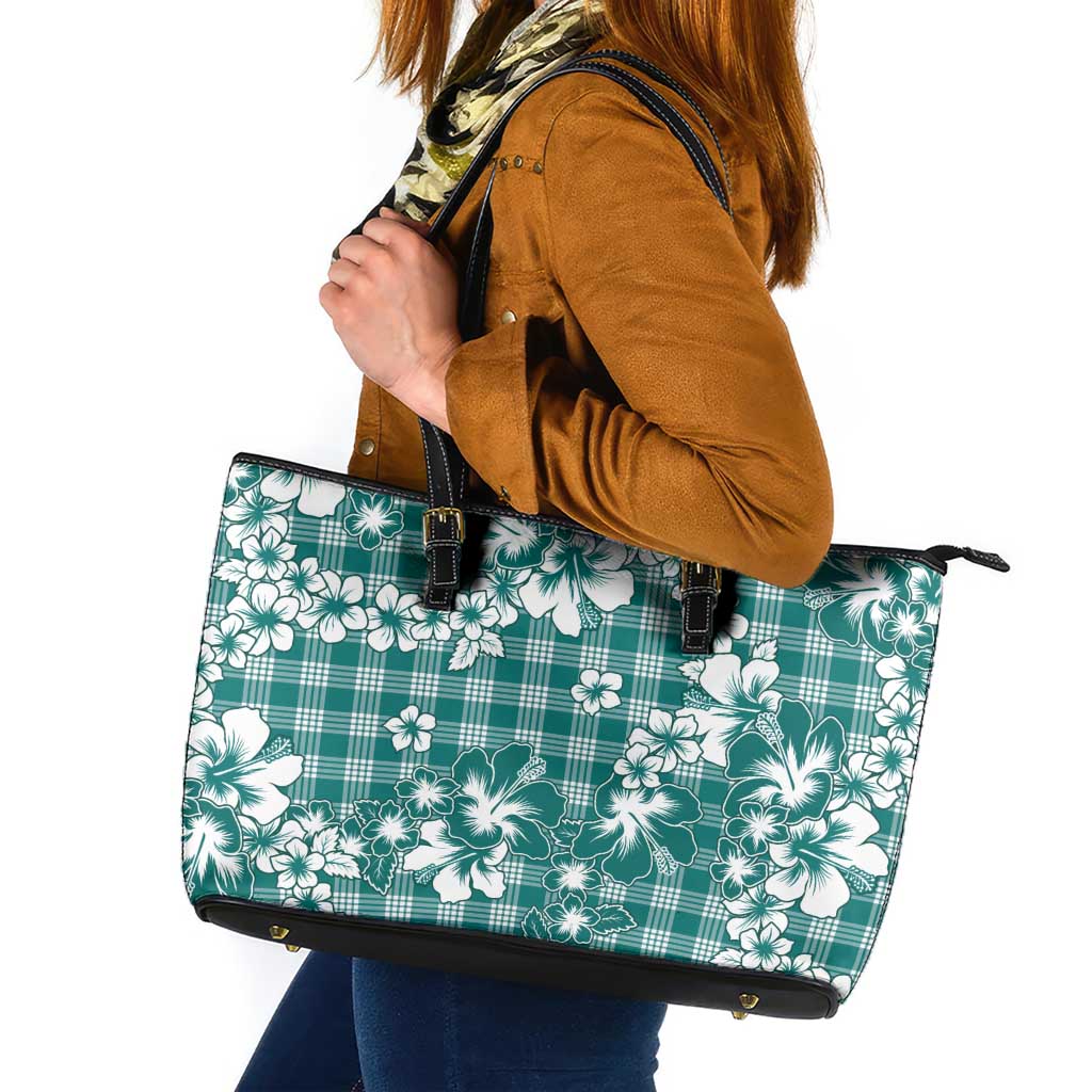 Hibiscus Pakala Aqua Teal Leather Tote Bag Tropical Floral Stylized - Polynesian Pride