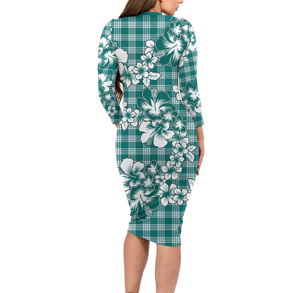 Hibiscus Pakala Aqua Teal Long Sleeve Bodycon Dress Tropical Floral Stylized LT01 - Polynesian Pride