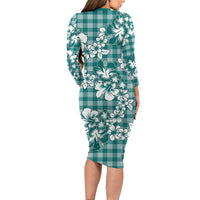 Hibiscus Pakala Aqua Teal Long Sleeve Bodycon Dress Tropical Floral Stylized LT01 - Polynesian Pride