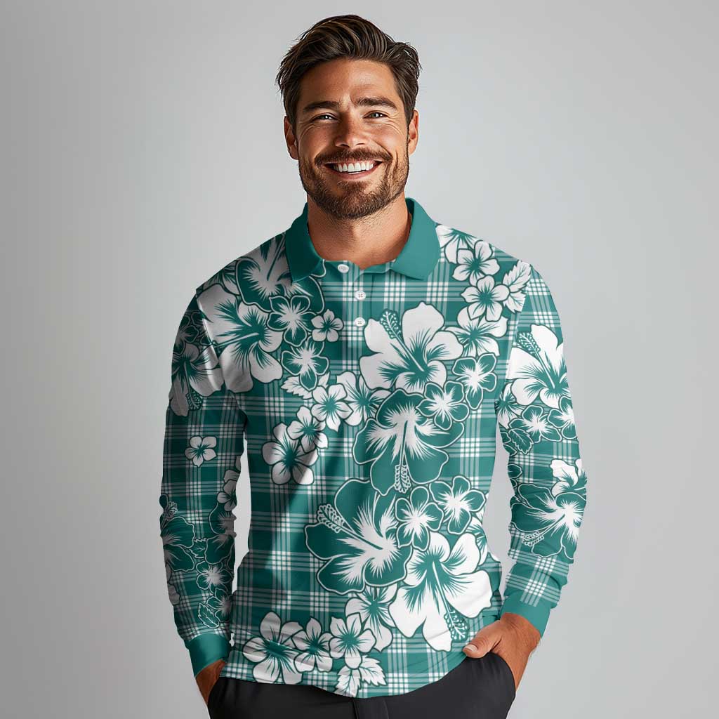 Hibiscus Pakala Aqua Teal Long Sleeve Polo Shirt Tropical Floral Stylized LT01 - Polynesian Pride