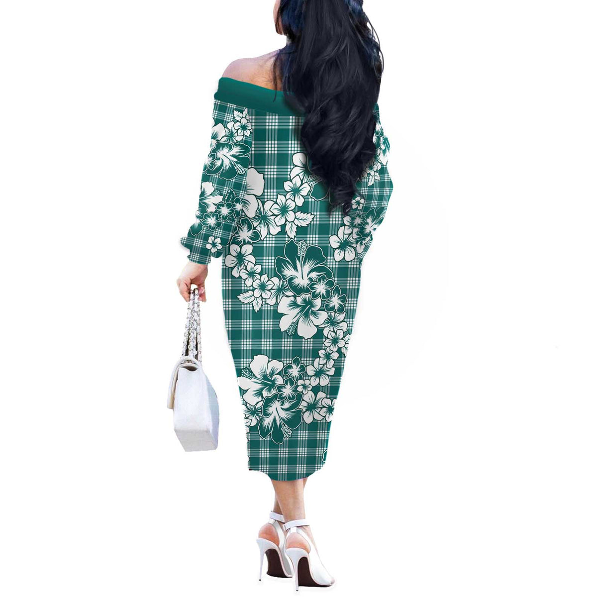 Hibiscus Pakala Aqua Teal Off The Shoulder Long Sleeve Dress Tropical Floral Stylized LT01 - Polynesian Pride