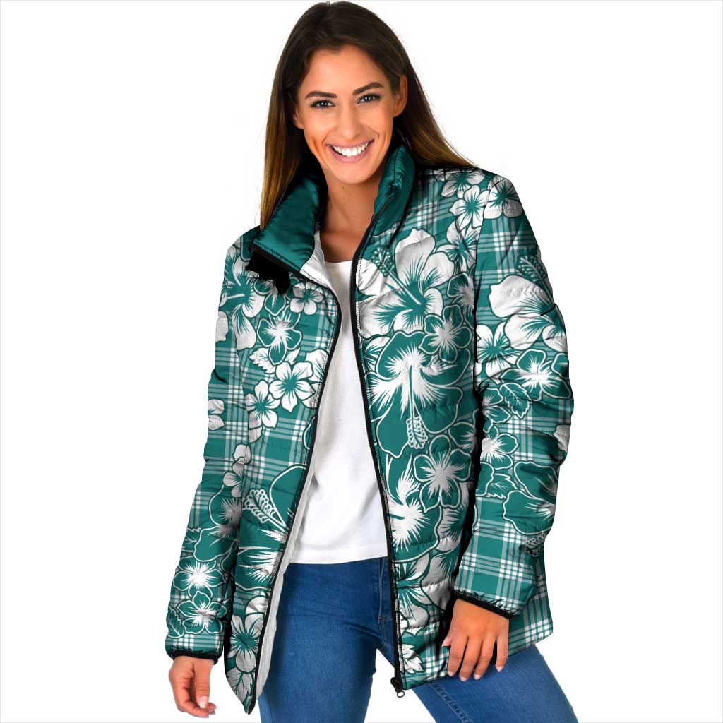 Hibiscus Pakala Aqua Teal Padded Jacket Tropical Floral Stylized LT01 Women Teal - Polynesian Pride