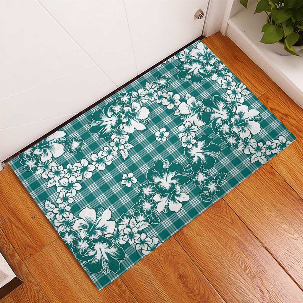 Hibiscus Pakala Aqua Teal Rubber Doormat Tropical Floral Stylized - Polynesian Pride