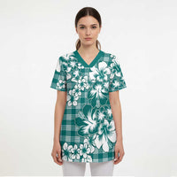Hibiscus Pakala Aqua Teal Scrub Top Tropical Floral Stylized LT01 - Polynesian Pride
