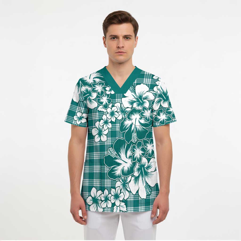 Hibiscus Pakala Aqua Teal Scrub Top Tropical Floral Stylized LT01 - Polynesian Pride