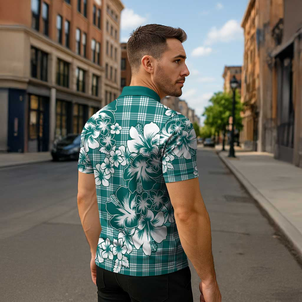 Hibiscus Pakala Aqua Teal Zipper Polo Shirt Tropical Floral Stylized - Polynesian Pride