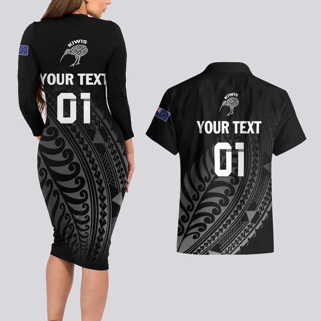 Custom New Zealand Cricket Couples Matching Long Sleeve Bodycon Dress and Hawaiian Shirt Maori Kiwi Black Fern LT01 - Polynesian Pride