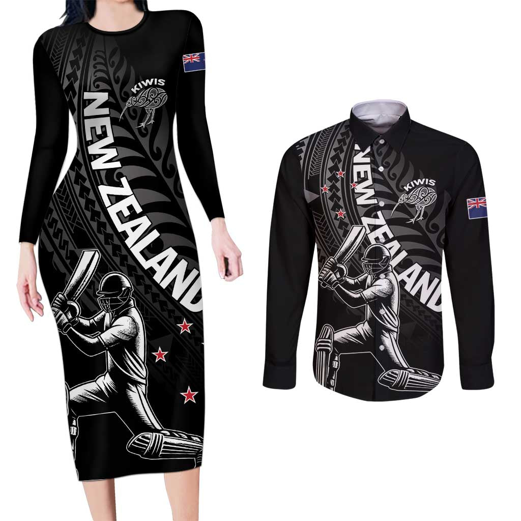 Custom New Zealand Cricket Couples Matching Long Sleeve Bodycon Dress and Long Sleeve Button Shirt Maori Kiwi Black Fern LT01 Black - Polynesian Pride