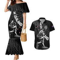 Custom New Zealand Cricket Couples Matching Mermaid Dress and Hawaiian Shirt Maori Kiwi Black Fern LT01 Black - Polynesian Pride