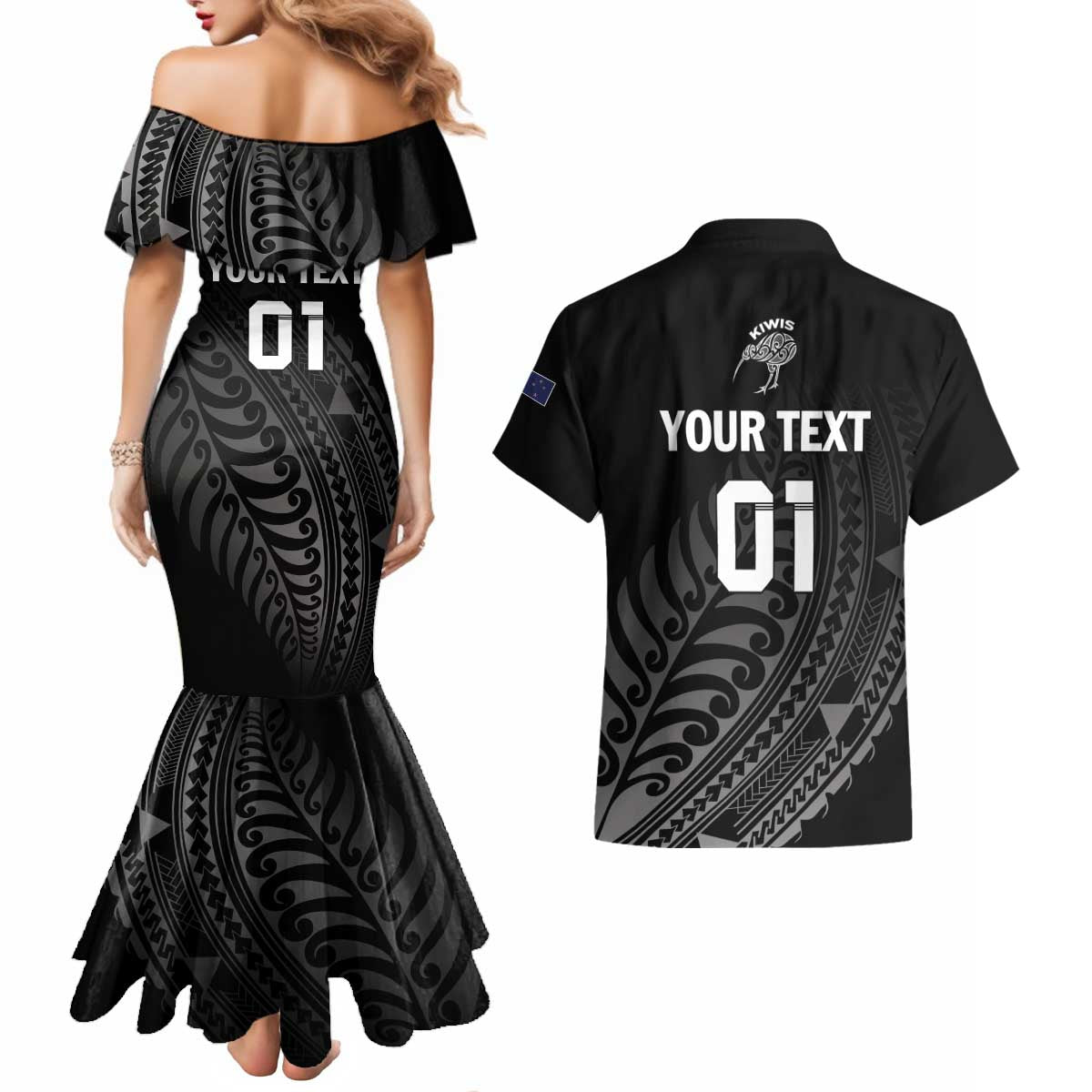 Custom New Zealand Cricket Couples Matching Mermaid Dress and Hawaiian Shirt Maori Kiwi Black Fern LT01 - Polynesian Pride