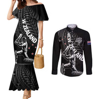 Custom New Zealand Cricket Couples Matching Mermaid Dress and Long Sleeve Button Shirt Maori Kiwi Black Fern LT01 Black - Polynesian Pride