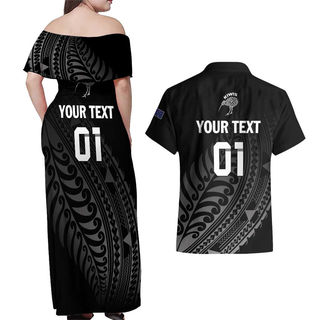 Custom New Zealand Cricket Couples Matching Off Shoulder Maxi Dress and Hawaiian Shirt Maori Kiwi Black Fern LT01 - Polynesian Pride