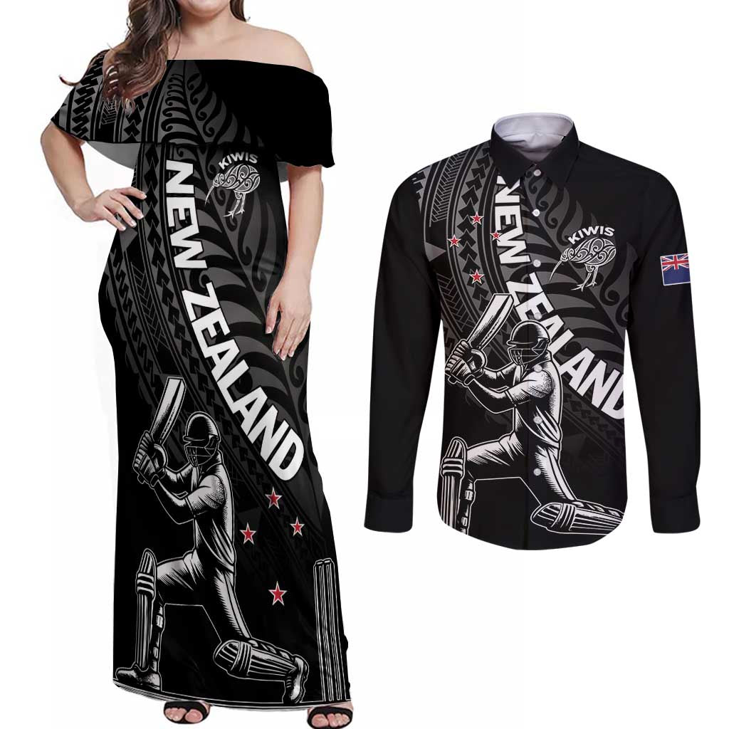 Custom New Zealand Cricket Couples Matching Off Shoulder Maxi Dress and Long Sleeve Button Shirt Maori Kiwi Black Fern LT01 Black - Polynesian Pride
