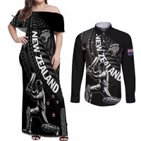 Custom New Zealand Cricket Couples Matching Off Shoulder Maxi Dress and Long Sleeve Button Shirt Maori Kiwi Black Fern LT01 Black - Polynesian Pride