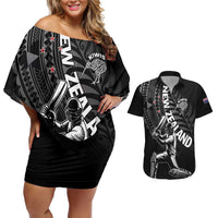 Custom New Zealand Cricket Couples Matching Off Shoulder Short Dress and Hawaiian Shirt Maori Kiwi Black Fern LT01 Black - Polynesian Pride